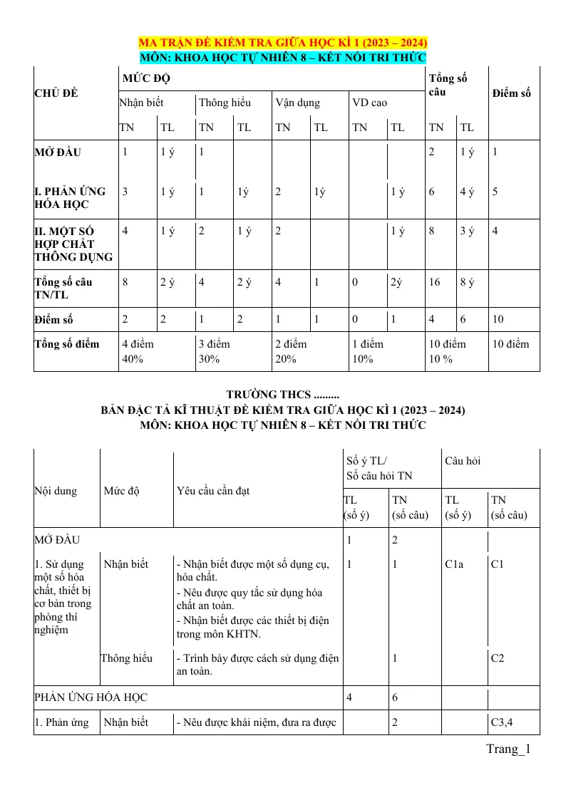 Ma Trận Đặc Tả Đề Thi Giữa Học Kỳ 1 KHTN 8