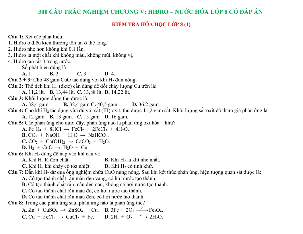 300 Câu Trắc Nghiệm Chương 5 Hiđro – Nước Hóa 8