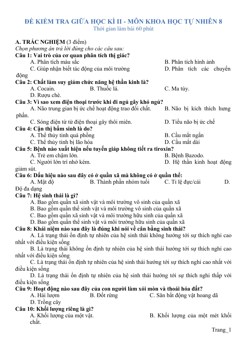 Đề Thi Giữa Học Kỳ 2 KHTN 8 Có Đáp Án Ma Trận Đặc Tả