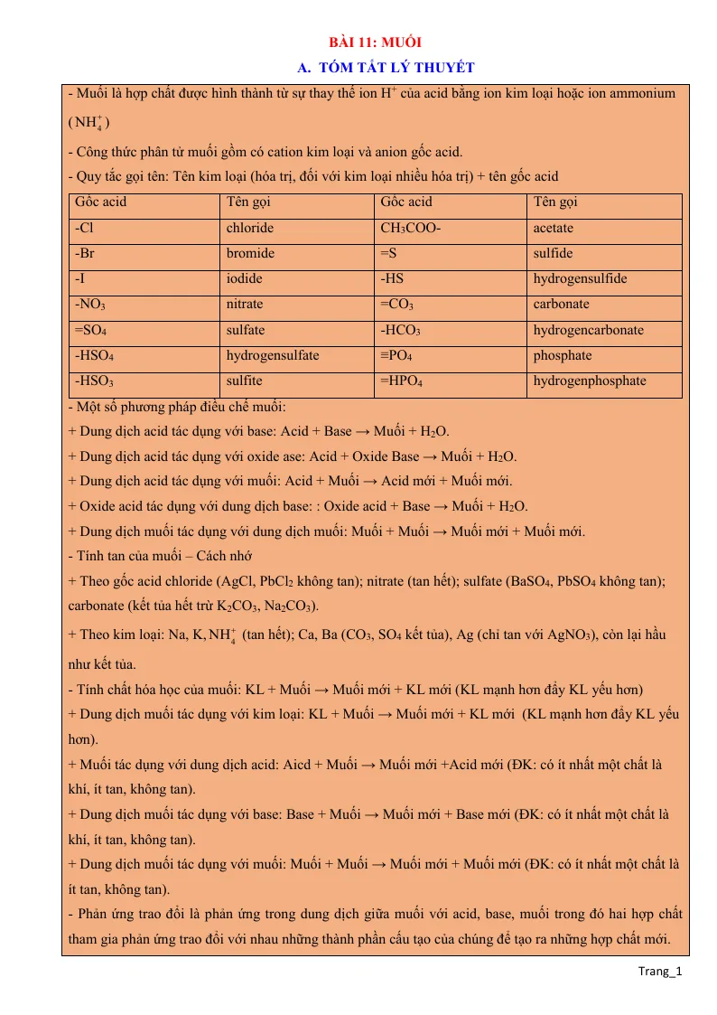 Chuyên Đề KHTN 8 Bài 11 Muối