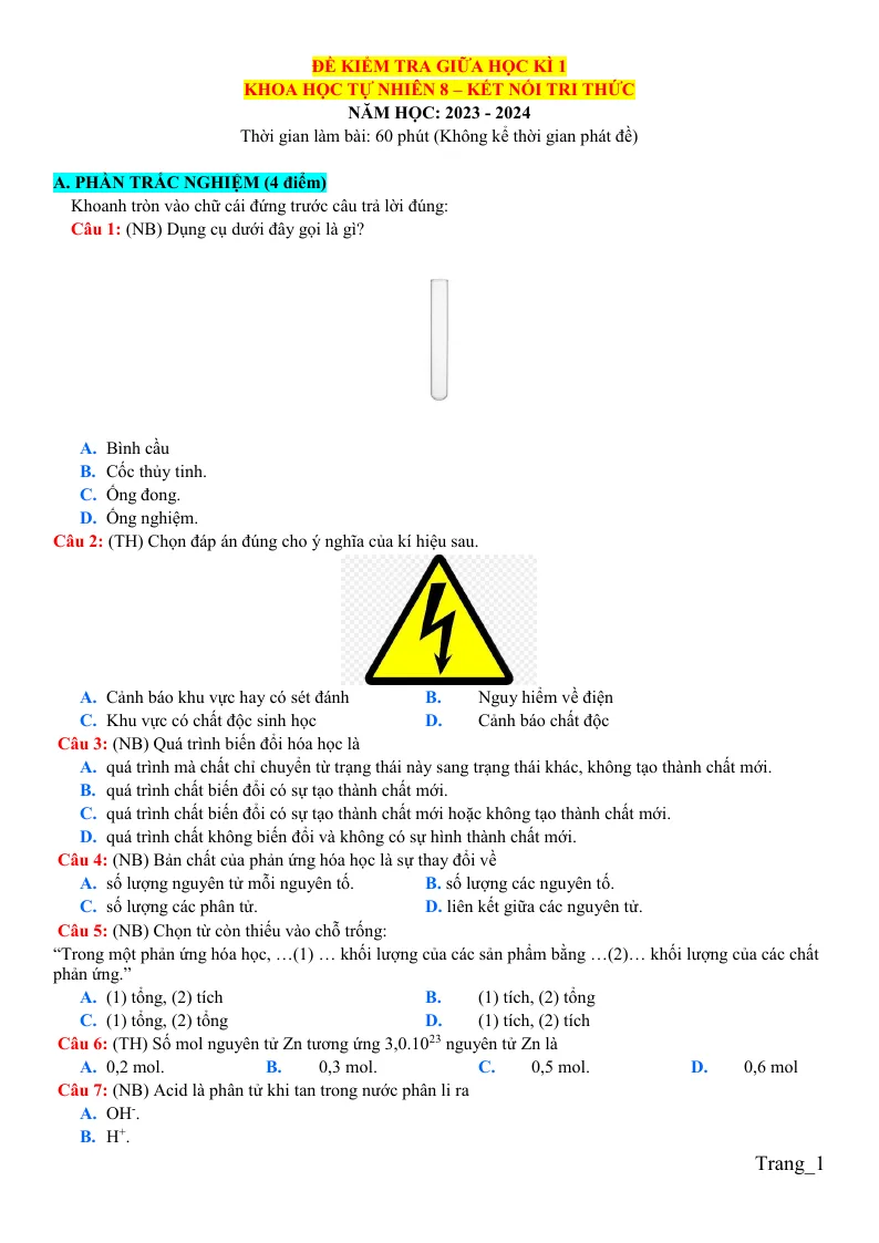 Đề Thi Giữa Học Kỳ 1 KHTN 8
