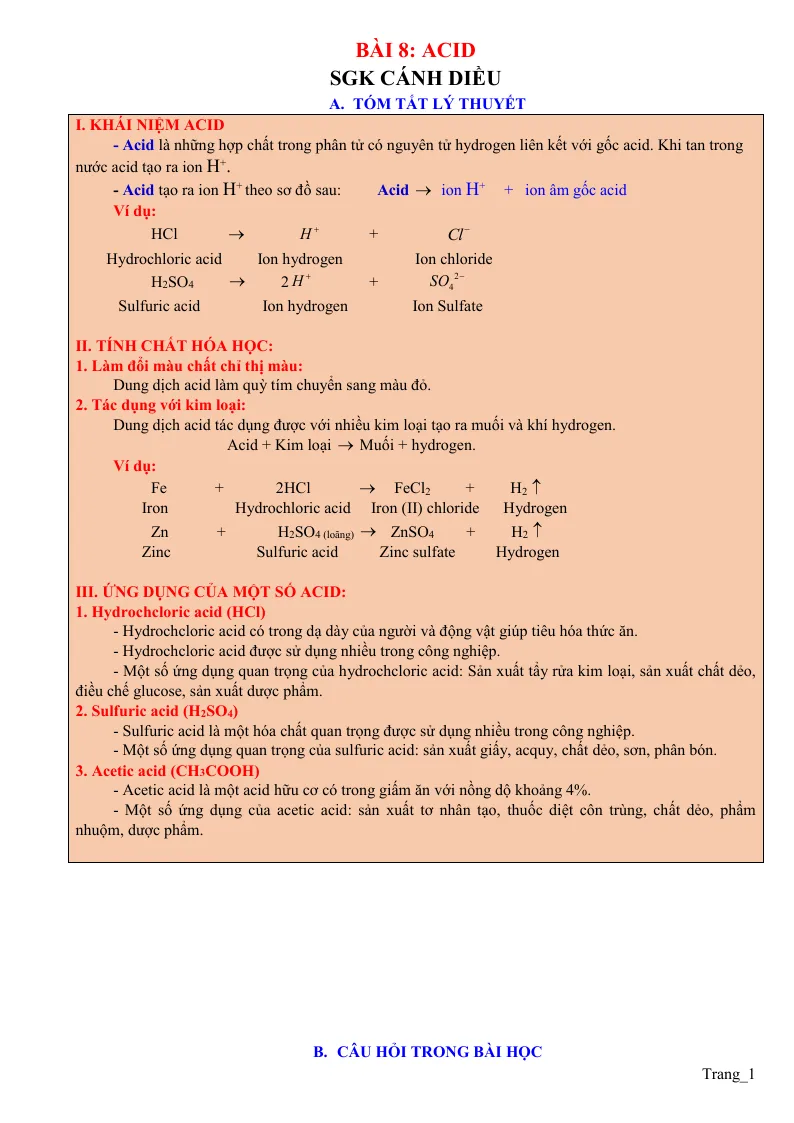 Chuyên Đề KHTN 8 Bài 8 Acid