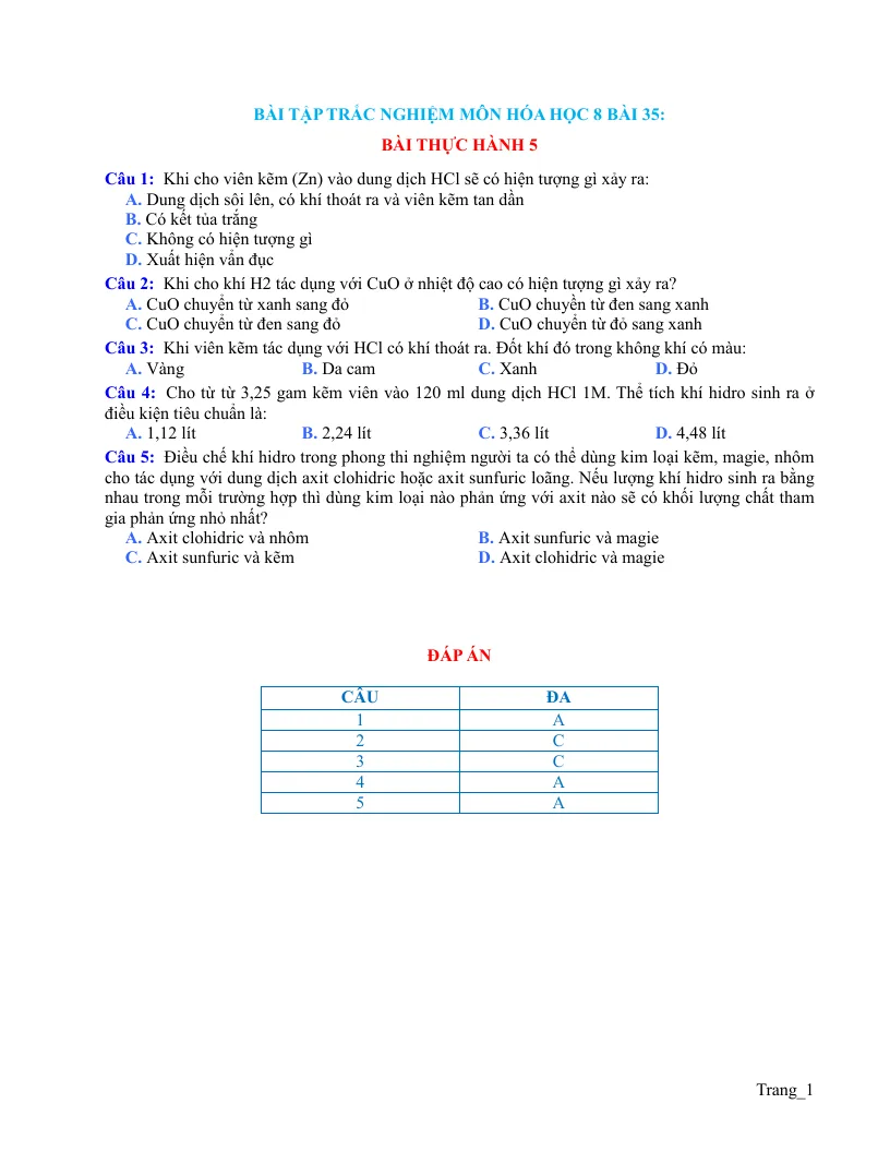 Bài Tập Trắc Nghiệm Hóa 8 Bài 35 Thực Hành 5