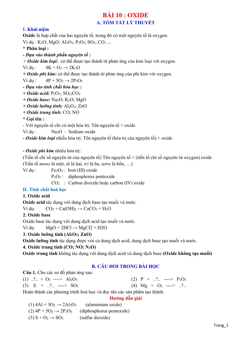 Chuyên Đề KHTN 8 Bài 10 Oxide