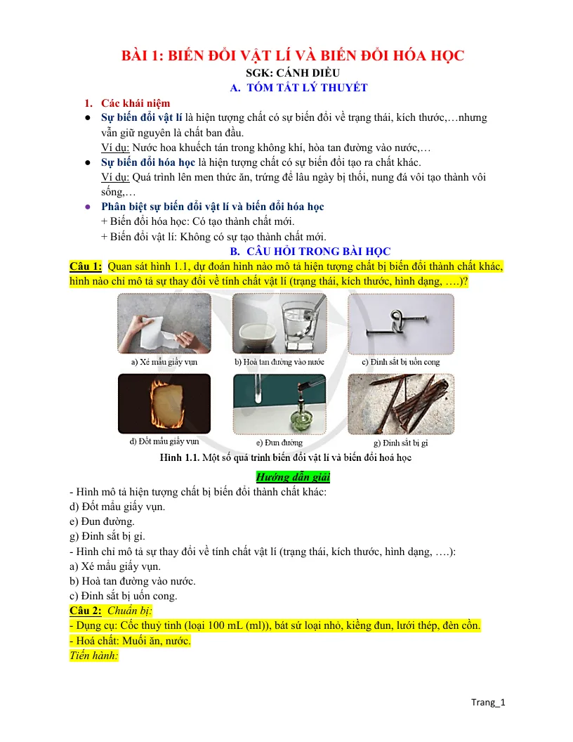 Chuyên Đề KHTN 8 Bài 1 Biến Đổi Vật Lí Và Biến Đổi Hóa Học