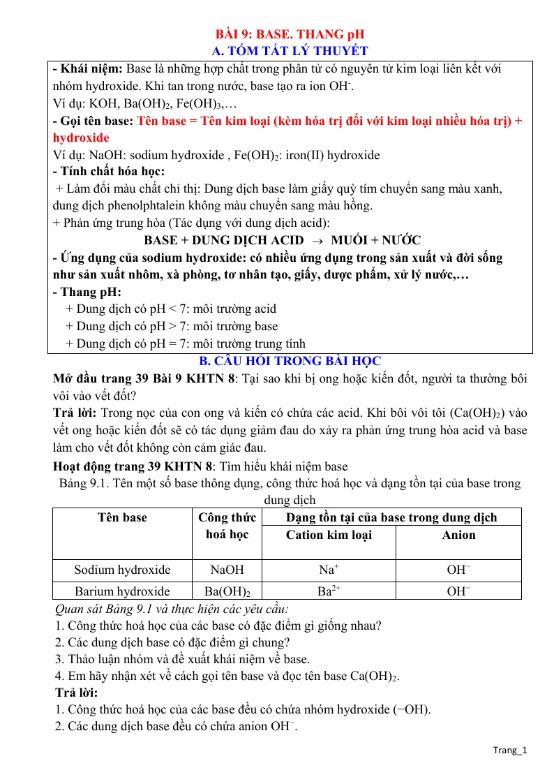 Chuyên Đề KHTN 8 Bài 9 Base Thang pH