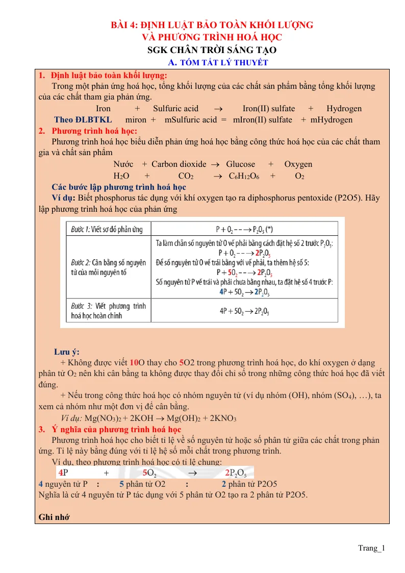 Chuyên Đề KHTN 8 Bài 4 Định Luật Bảo Toàn Khối Lượng Và Phương Trình Hoá Học