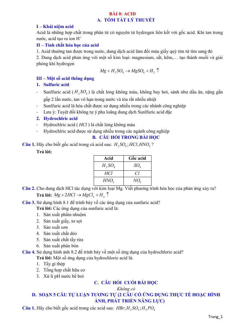 Chuyên Đề KHTN 8 Bài 8 Acid