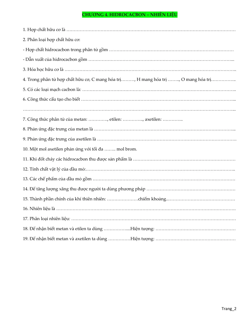 Vở Ghi Môn Hóa Lớp 9 Phần Hữu Cơ