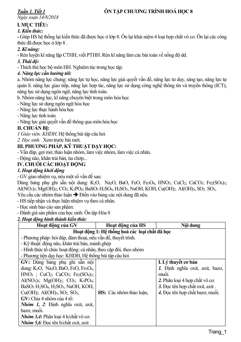 Giáo Án Hóa 9 Học Kỳ 1 Phát Triển Triển Năng Lực (Bộ 2)
