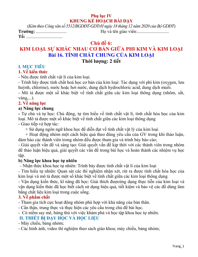 Giáo Án KHTN 9 Phân Môn Hóa Học Cả Năm