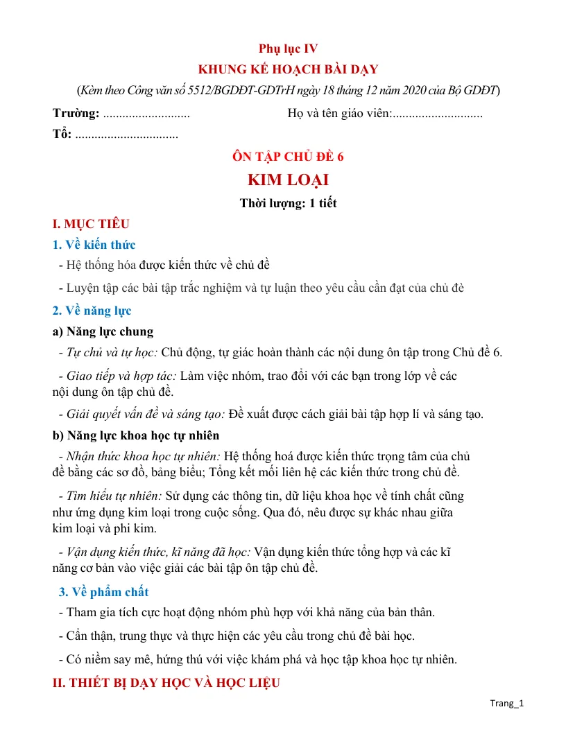 Giáo Án Ôn Tập Hóa 9 Chủ Đề 6 Kim Loại