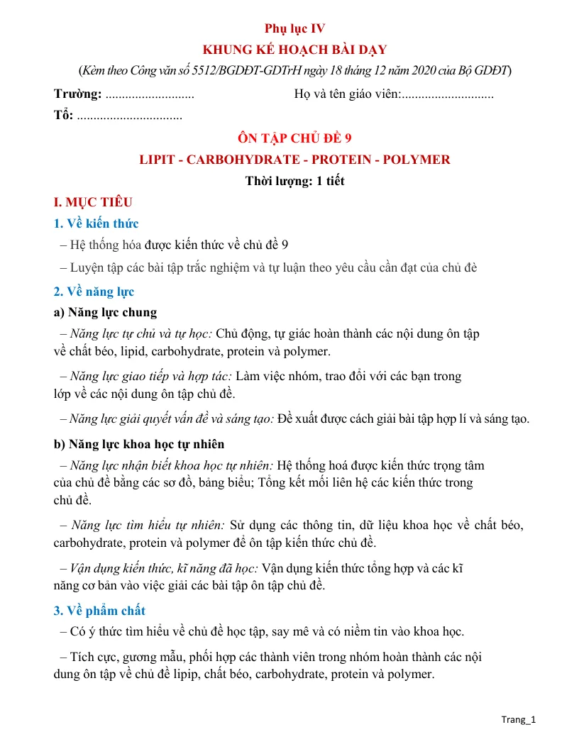 Giáo Án Ôn Tập Hóa 9 Chủ Đề 9 Lipit Carbohydrate Protein Polymer