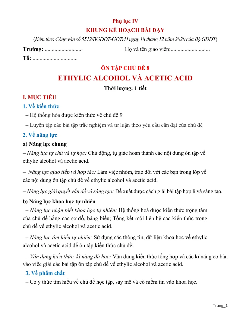 Giáo Án Ôn Tập Hóa 9 Chủ Đề 8 Ethylic Alcohol Và Acetic Acid