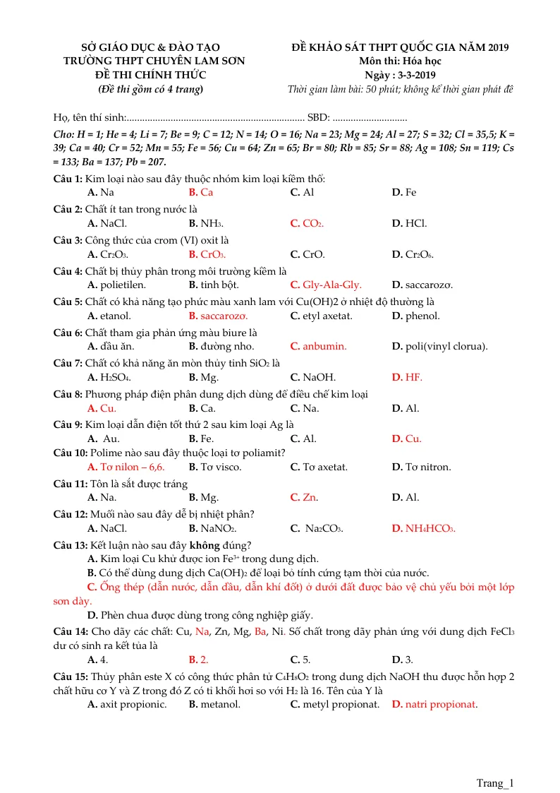 20 Đề Thi Thử Quốc Gia Môn Hóa 2019 Các Trường Chuyên