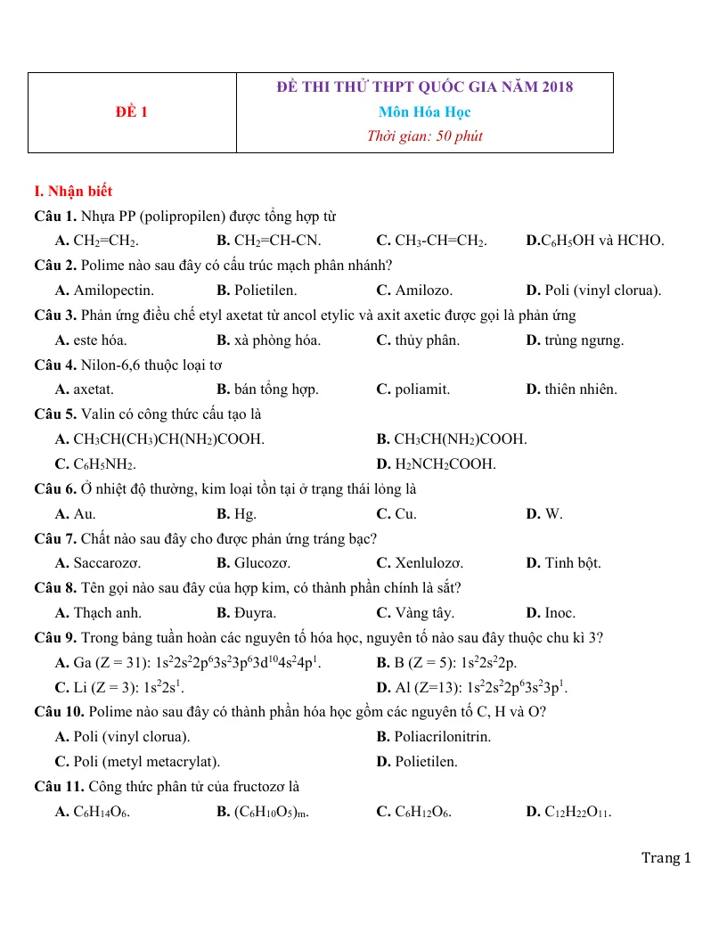 15 Đề Thi Thử THPT Quốc Gia Môn Hóa Học