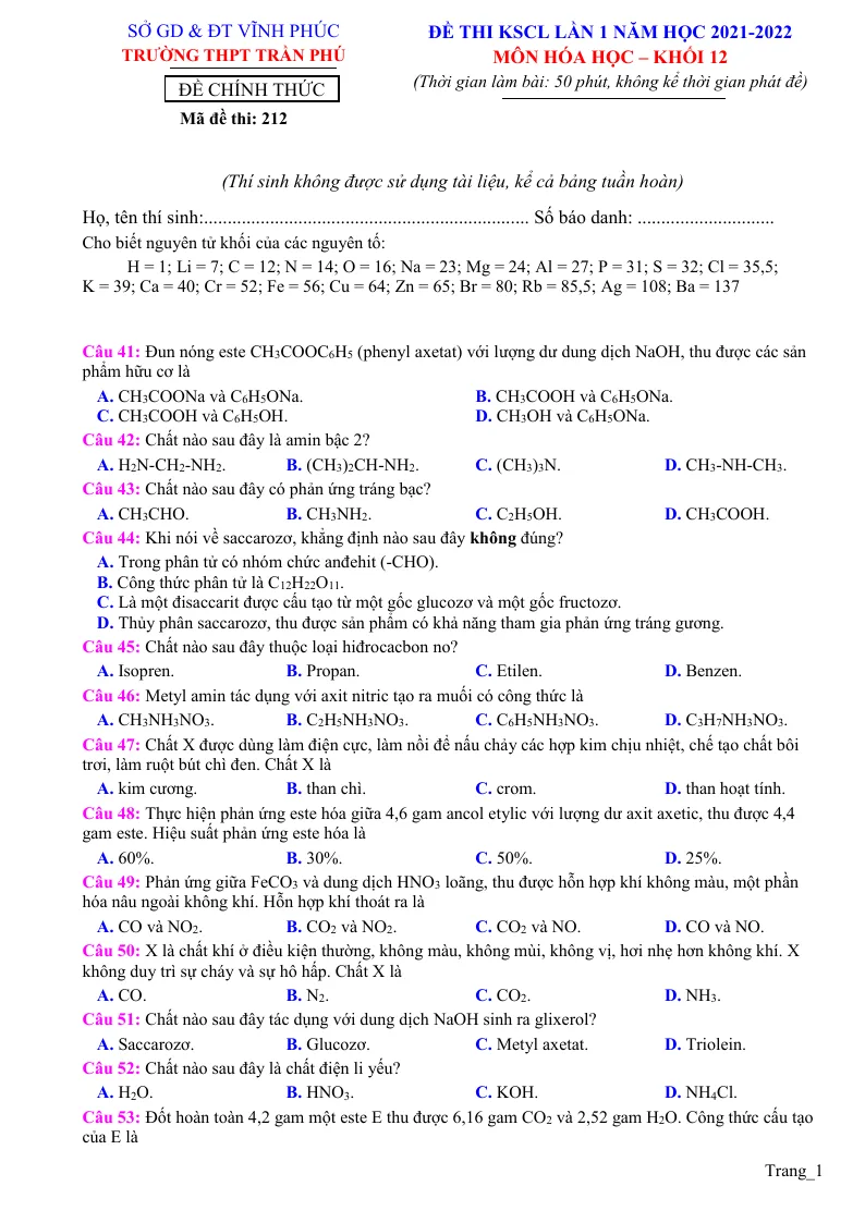 Đề Thi Thử THPT Quốc Gia 2022 Môn Hóa Trường Trần Phú Lần 1