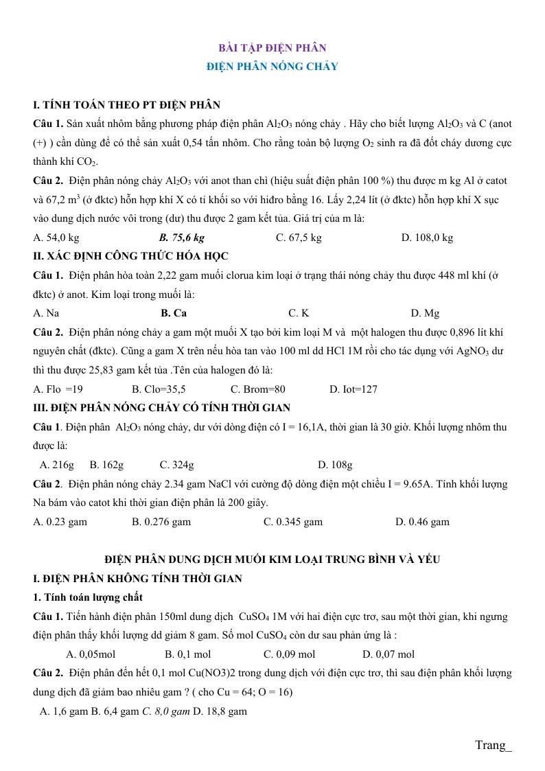 84 câu hỏi trắc nghiệm điện phân theo chủ đề
