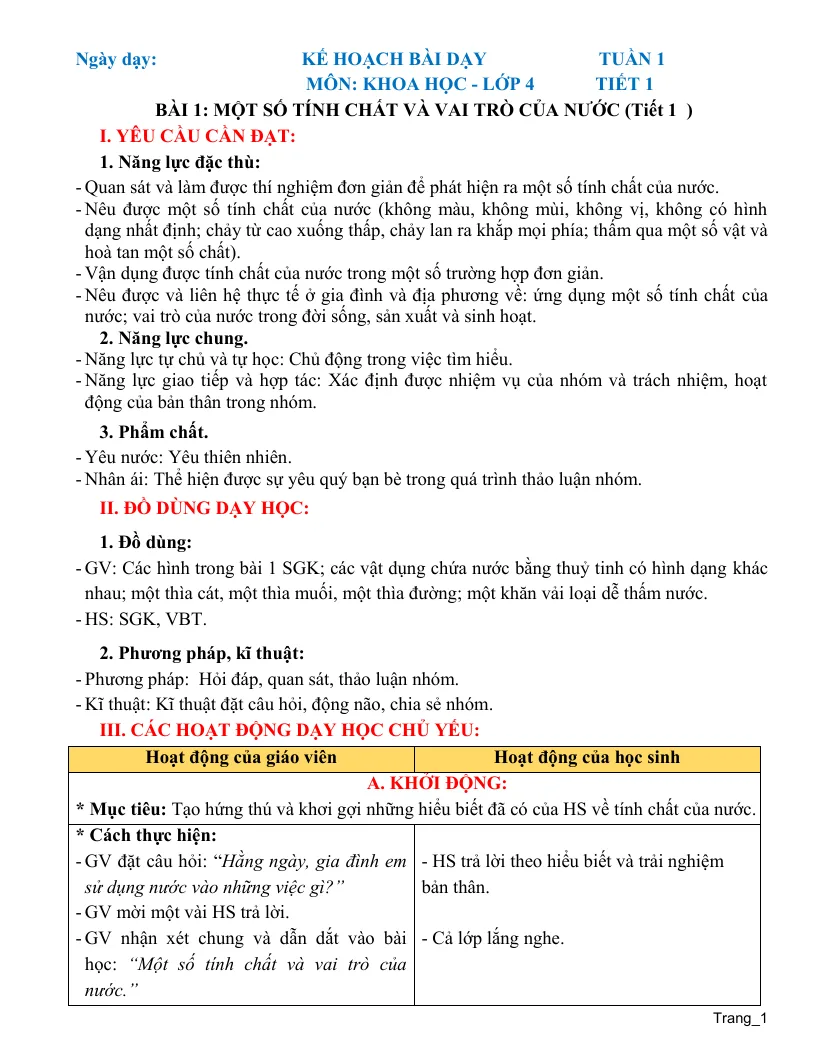 Giáo Án Môn Khoa Học Lớp 4 Học Kỳ 1