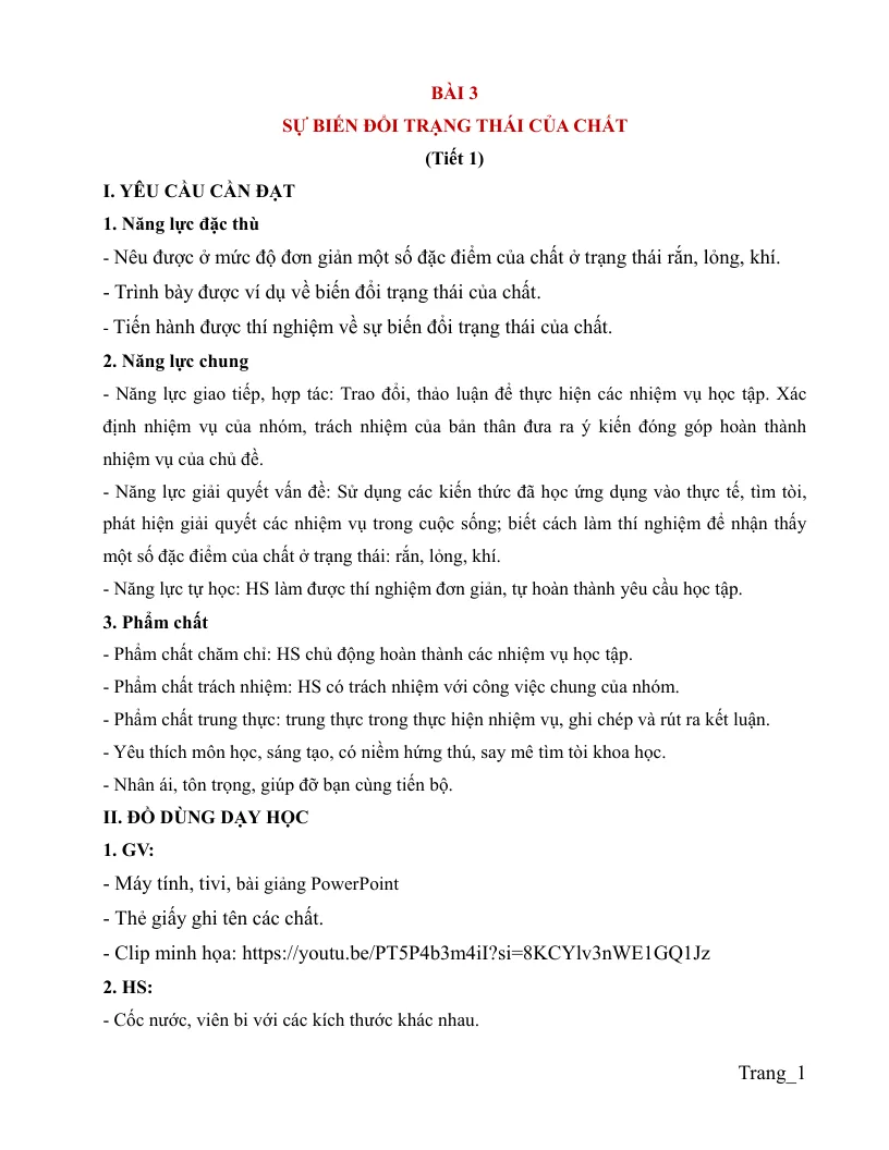 Giáo Án Khoa Học 5 Bài 3 Sự Biến Đổi Trạng Thái Của Chất