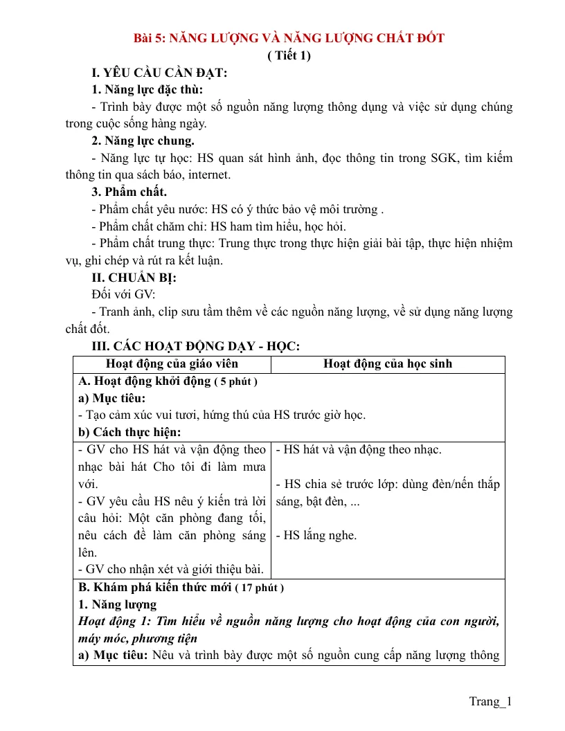 Giáo Án Khoa Học 5 Bài 5 Năng Lượng Và Năng Lượng Chất Đốt