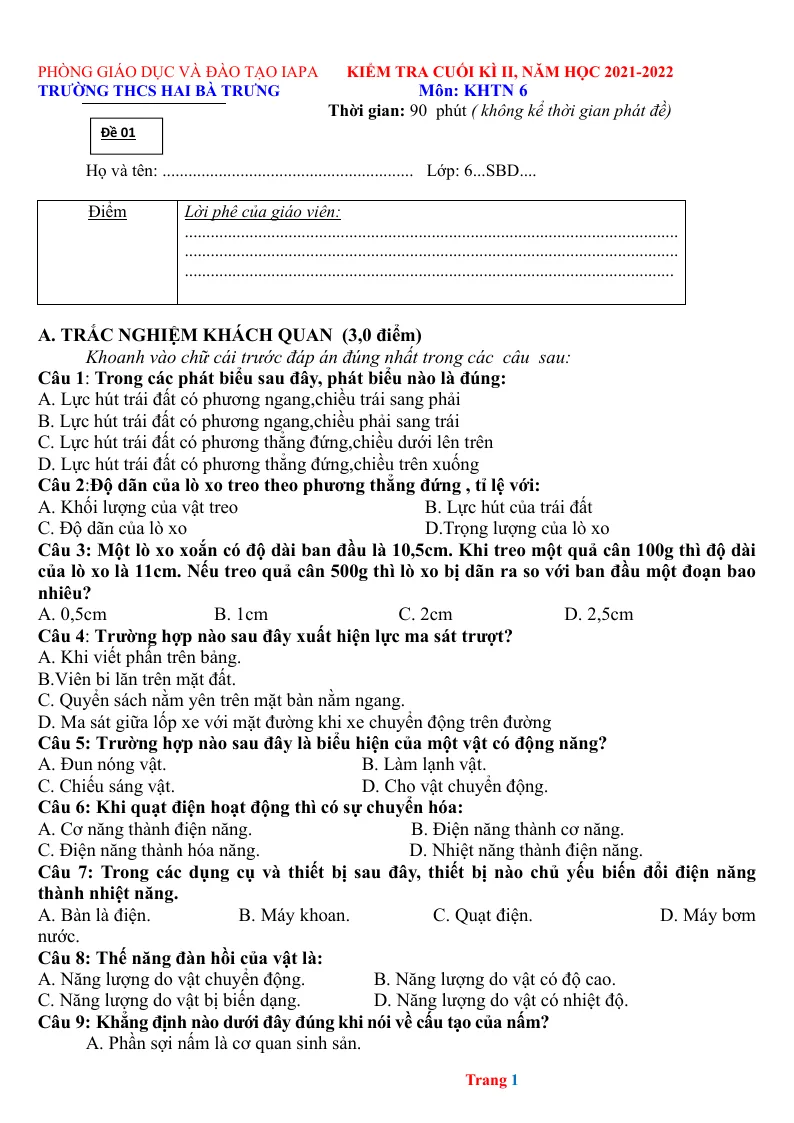 Đề Thi HK2 Môn KHTN 6 Có Đáp Án Và Ma Trận