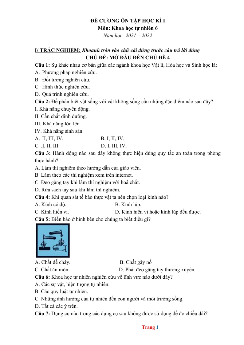 Đề Cương Ôn Thi KHTN 6 Kì 1