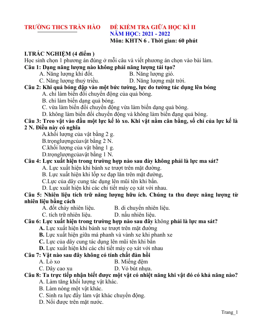 Đề Thi Giữa HK2 Môn Khoa Học Tự Nhiên 6