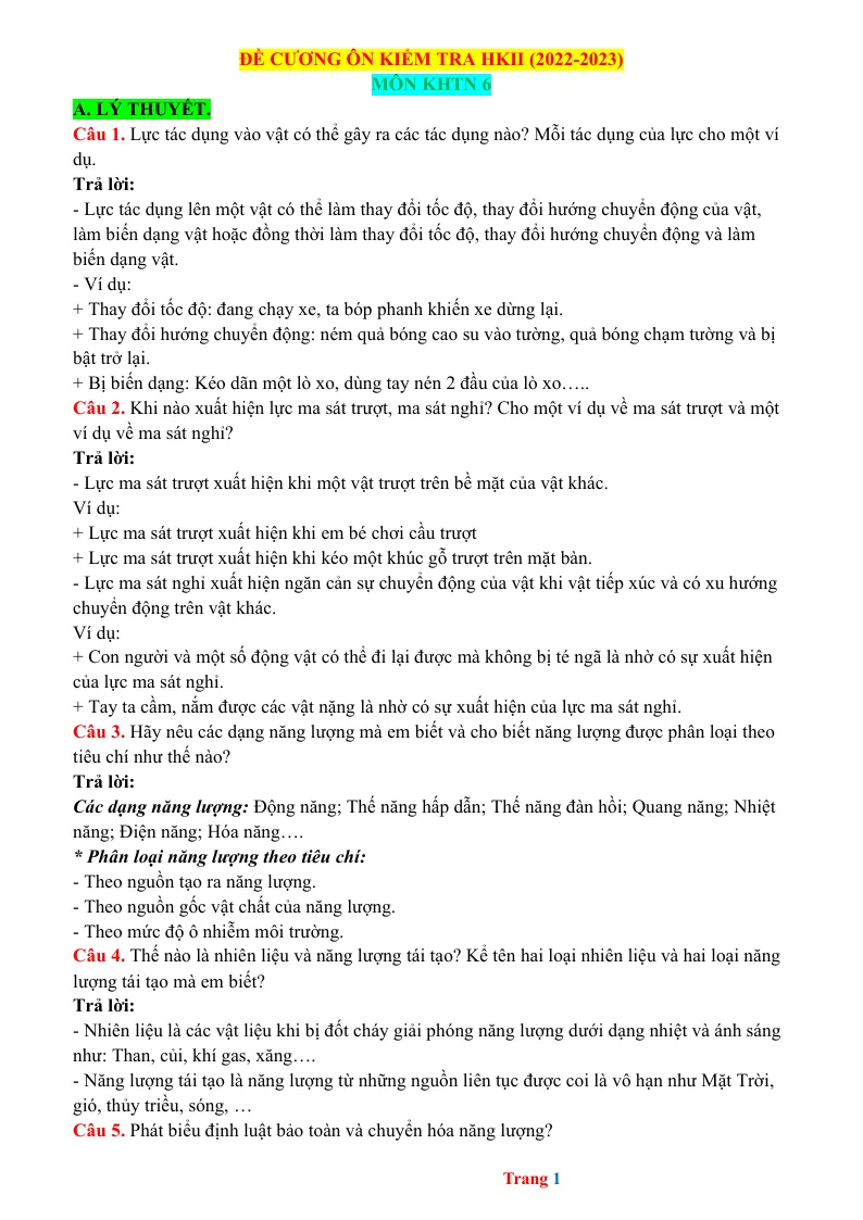 Đề Cương Ôn Tập Học Kỳ 2 KHTN 6