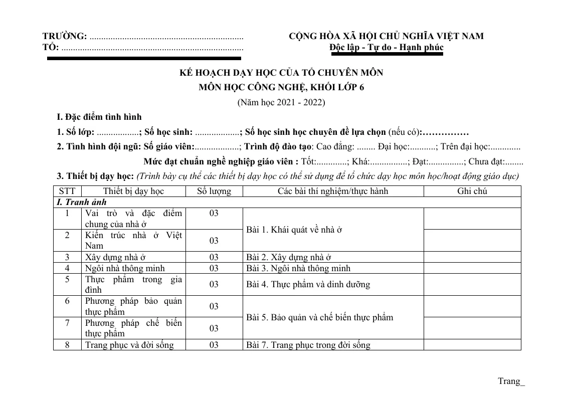 Kế Hoạch Dạy Học Công Nghệ 6 Sách