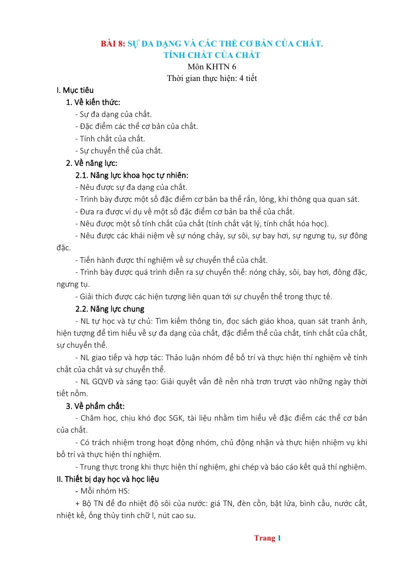 Giáo Án KHTN Môn Hóa 6 Cả Năm Sách Phương Pháp Mới