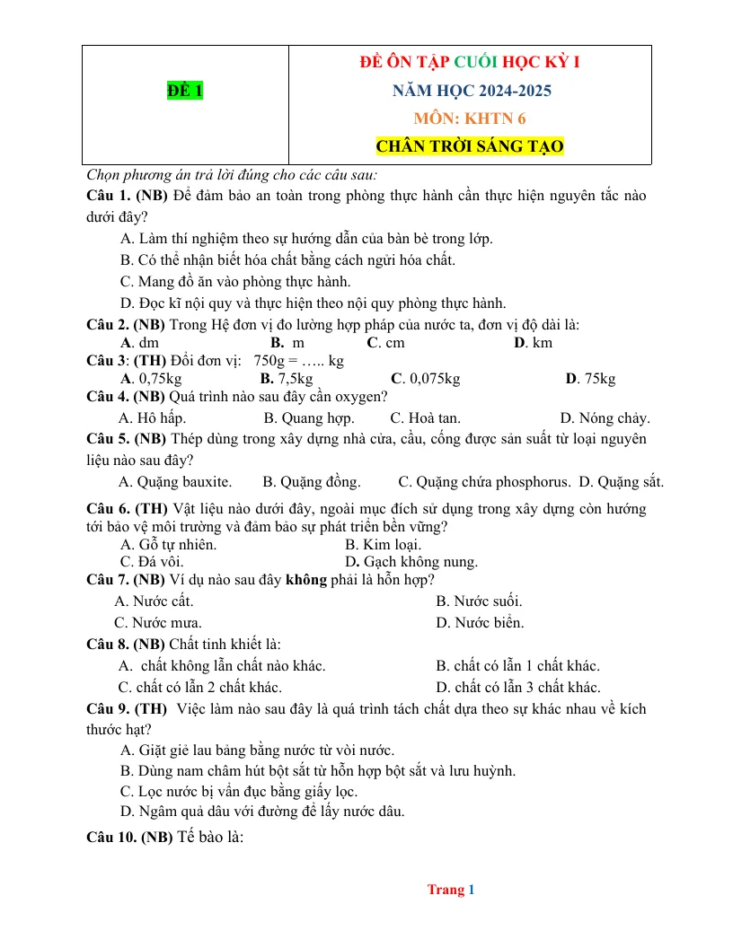 Bộ Đề Ôn Tập Cuối Học Kỳ 1 KHTN 6 2024 - 2025