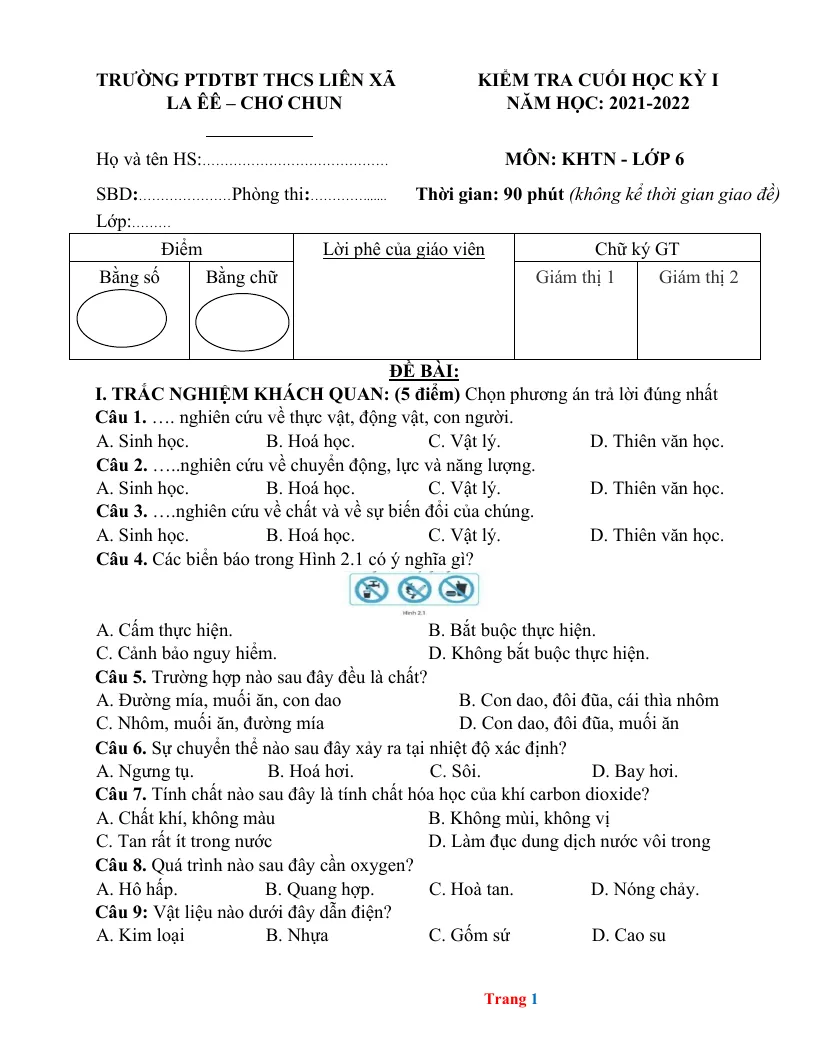 Đề Thi Học Kì 1 KHTN 6 Có Đáp Án Và Ma Trận