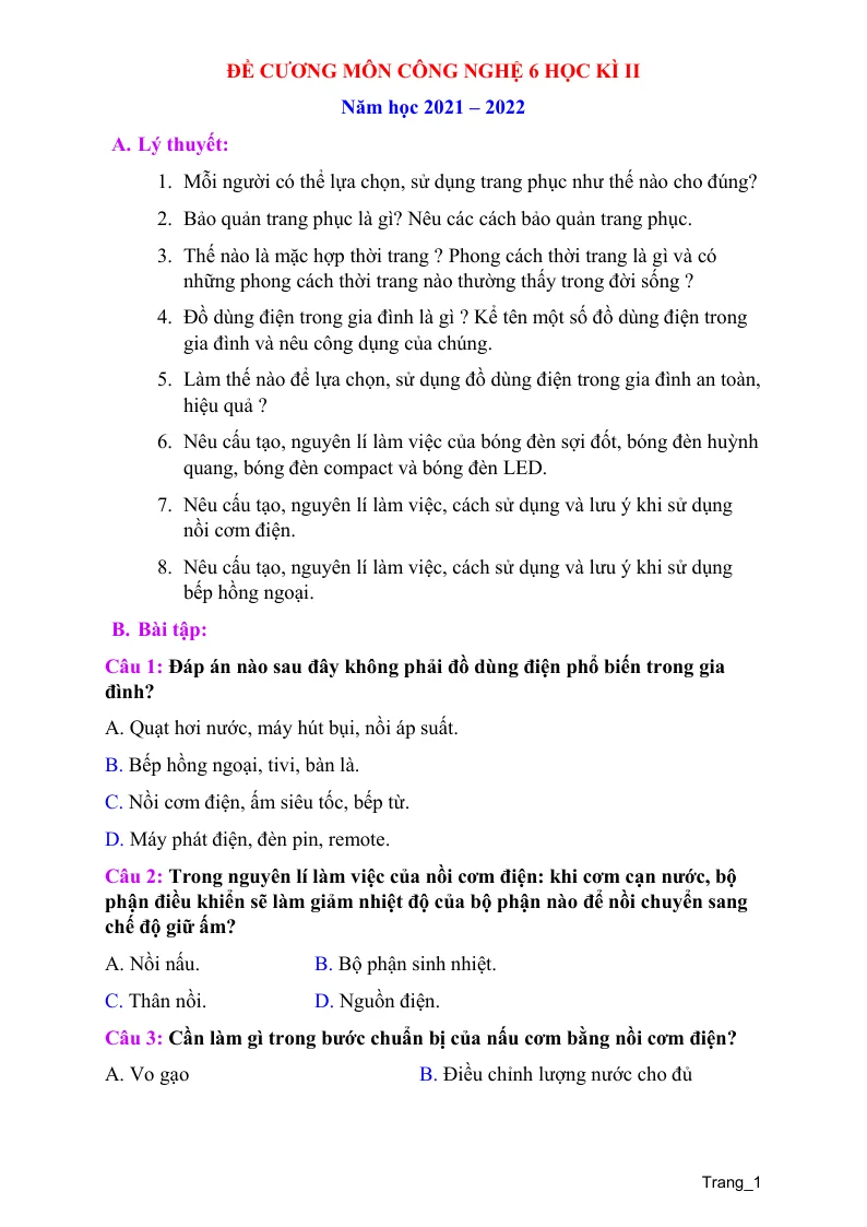 Đề Cương Ôn Tập Công Nghệ 6 HK2 Năm Học 2021 - 2022 Tham Khảo