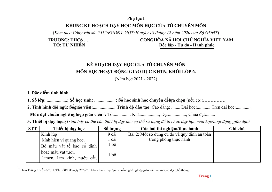 Kế Hoạch Dạy Học Môn KHTN 6 Sách