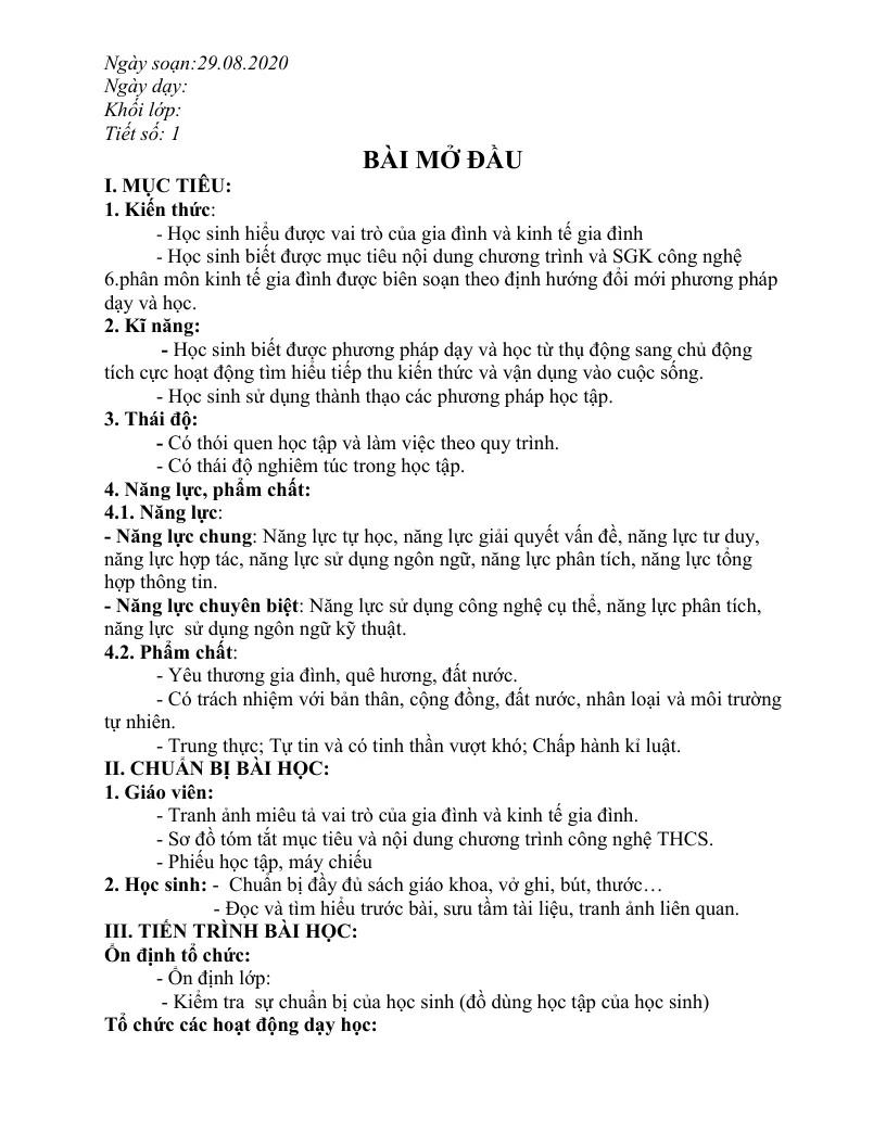 Giáo Án Môn Công Nghệ 6 HK1 Theo Phương Pháp Mới Phát Triển Năng Lực