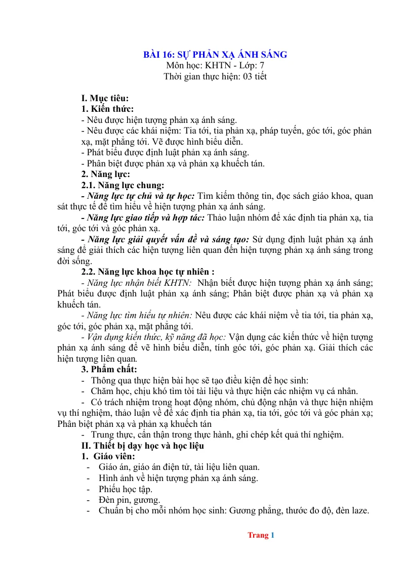 Giáo Án KHTN 7 Bài 16 Sự Phản Xạ Ánh Sáng