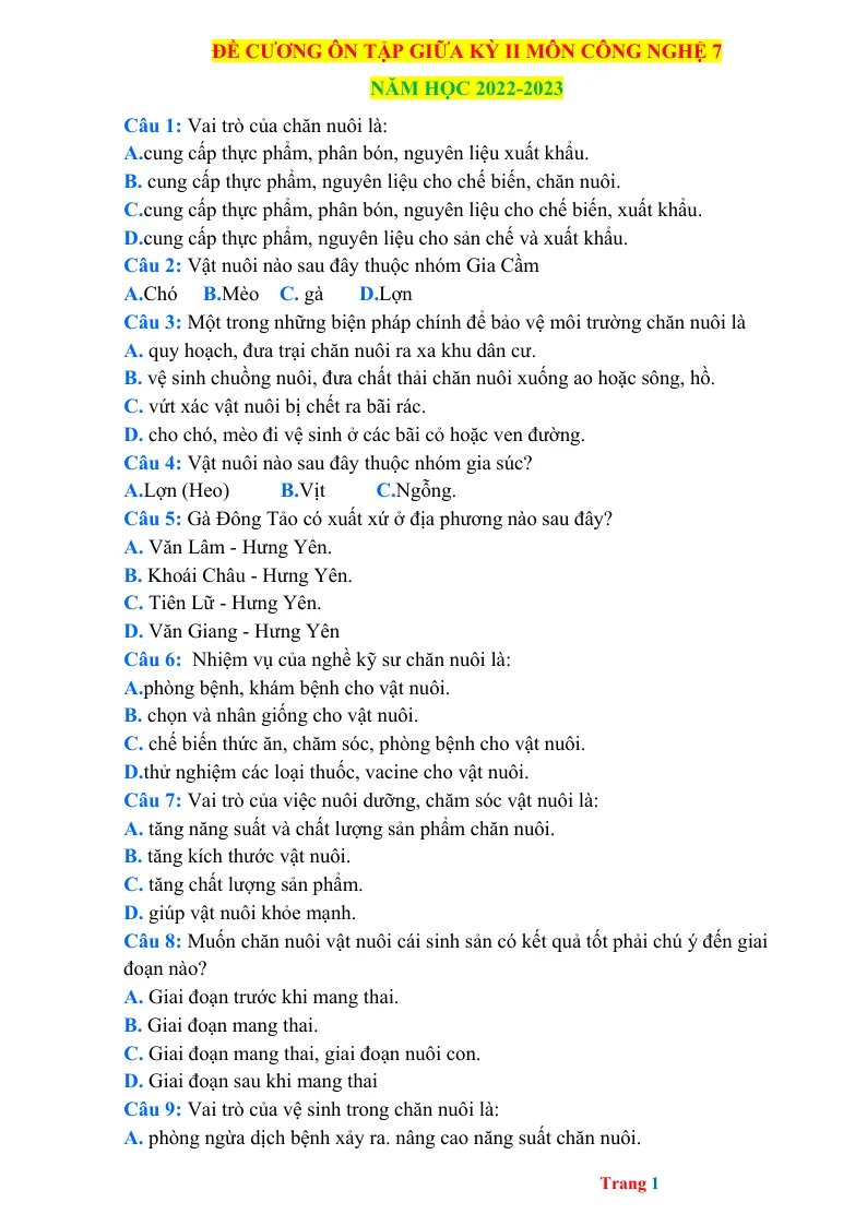 Đề Cương Tập Giữa HK2 Công Nghệ 7