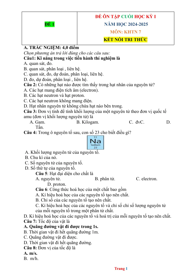 Bộ Đề Ôn Tập Cuối Học Kỳ 1 KHTN 7 2024 - 2025