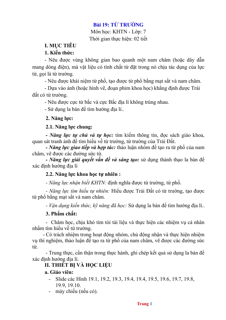 Giáo Án KHTN 7 Bài 19 Từ Trường