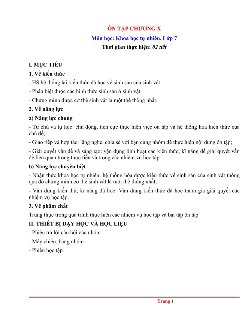 Giáo Án KHTN 7 Ôn Chương 10 Sinh Sản Ở Sinh Vật