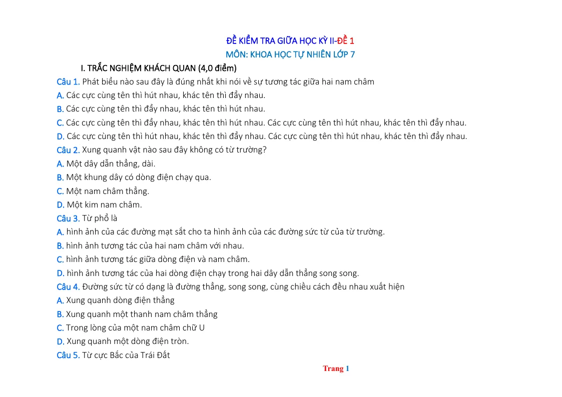 Bộ Đề Kiểm Tra Giữa Học Kỳ 2 KHTN 7 Có Đáp Án Và Đặc Tả