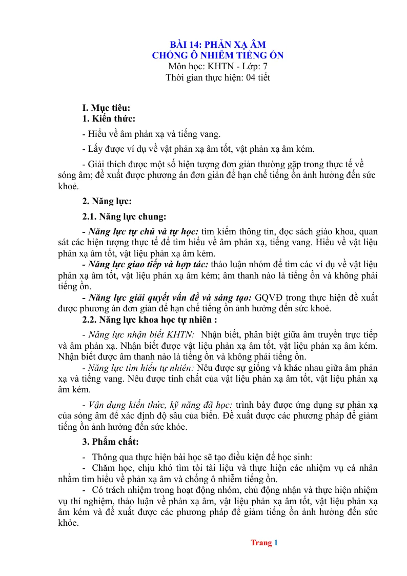 Giáo Án KHTN 7 Bài 14 Phản Xạ Âm Chống Ô Nhiễm Tiếng Ồn
