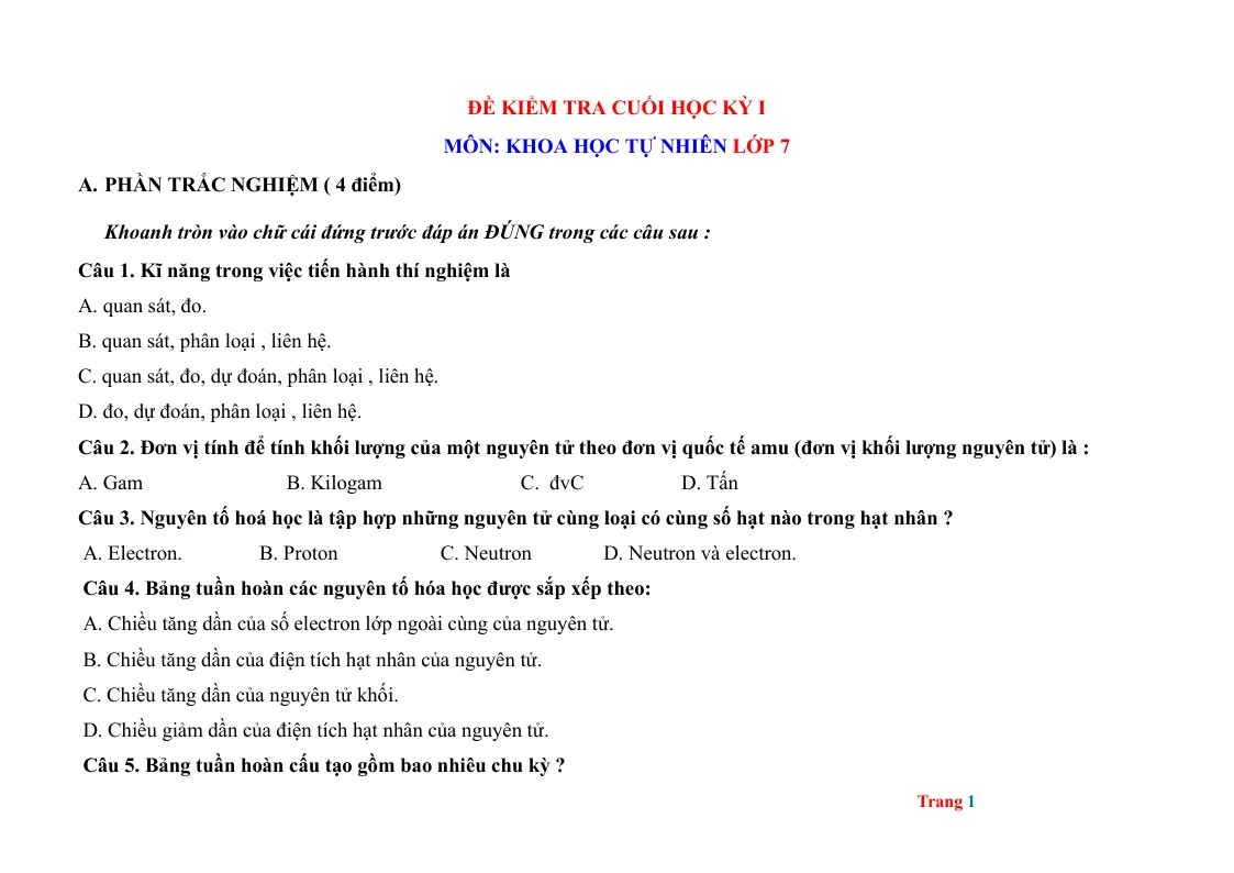 Đề Thi Học Kỳ 1 Môn KHTN Lớp 7 Có Đáp Án Và Ma Trận