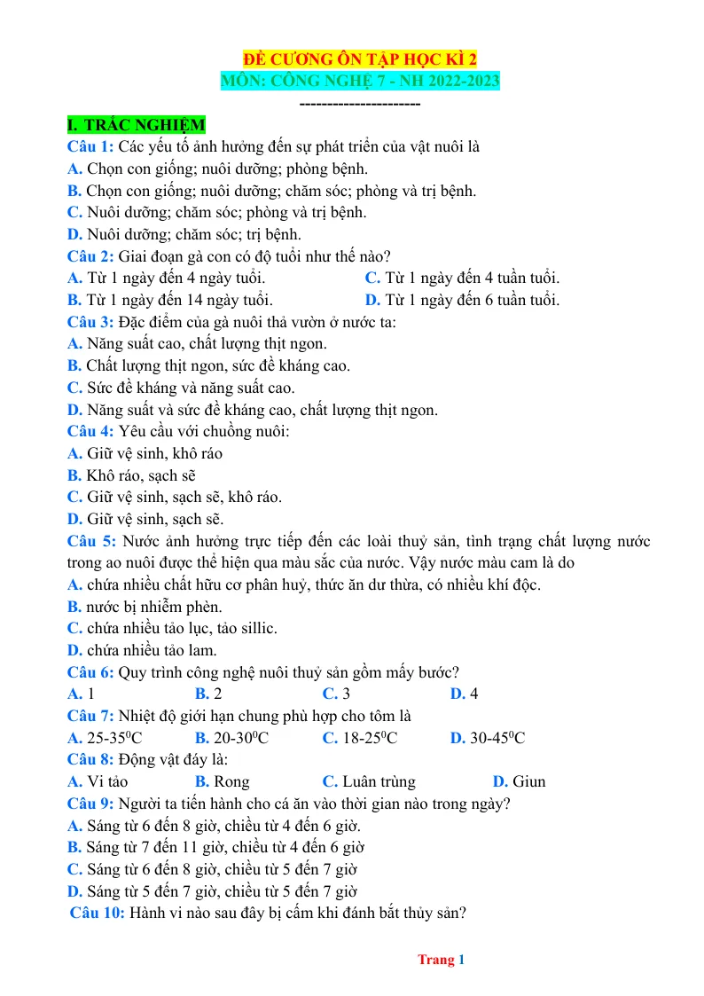 Đề Cương Ôn Tập Học Kỳ 2 Công Nghệ 7