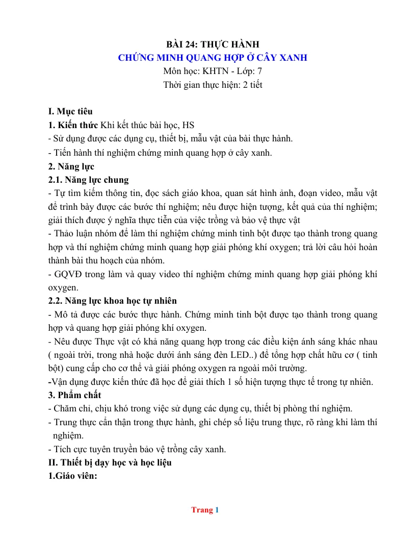 Giáo Án KHTN 7 Bài 24 Thực Hành Chứng Minh Quang Hợp Ở Cây Xanh