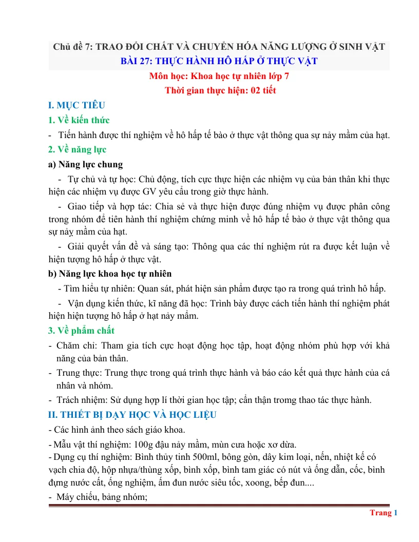 Giáo Án KHTN 7 Bài 27 Thực Hành Hô Hấp Ở Thực Vật
