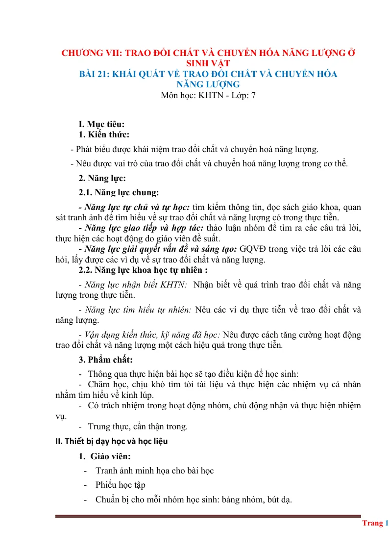 Giáo Án KHTN 7 Bài 21 Khái Quát Về Trao Đổi Chất Và Chuyển Hóa Năng Lượng