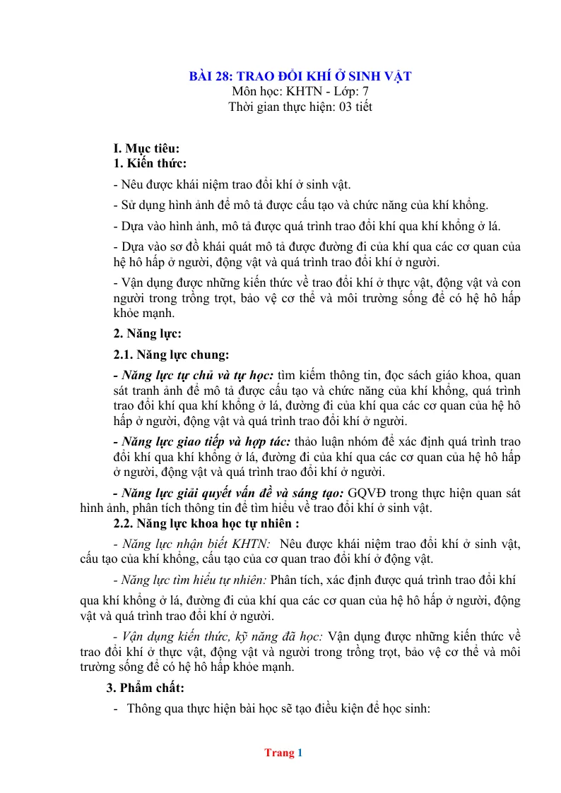 Giáo Án KHTN 7 Bài 28 Trao Đổi Khí Ở Sinh Vật