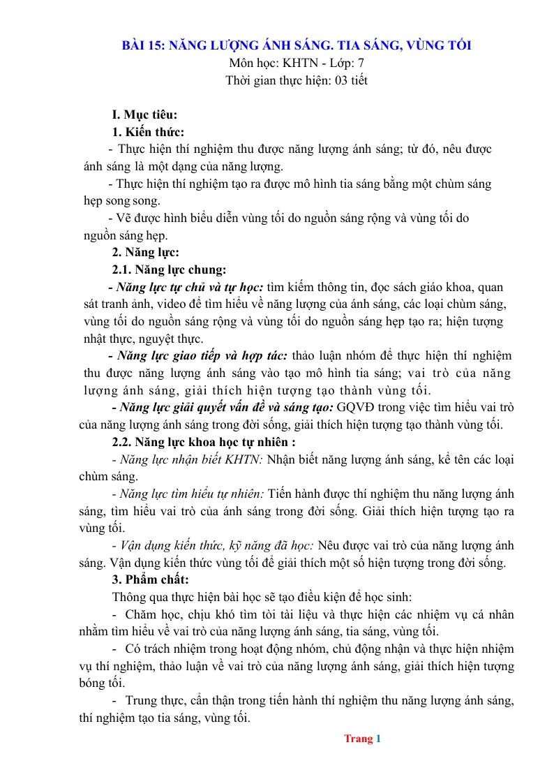 Giáo Án KHTN 7 Bài 15 Năng Lượng Ánh Sáng Tia Sáng Vùng Tối